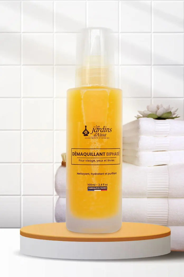 Soin démaquillant biphasé pour visage, yeux et lèvres 100% Bio - 100 ml - lesjardinsdaissa.com visuel