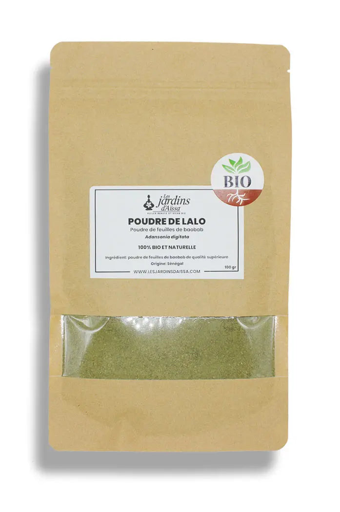 Poudre de Lalo bio feuilles de baobab 100% naturelle les jardins d'aissa sachet
