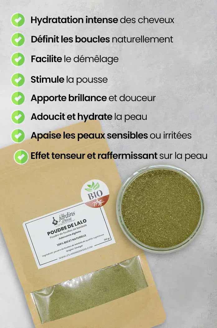 Poudre de Lalo bio feuilles de baobab 100% naturelle les jardins d'aissa bienfaits