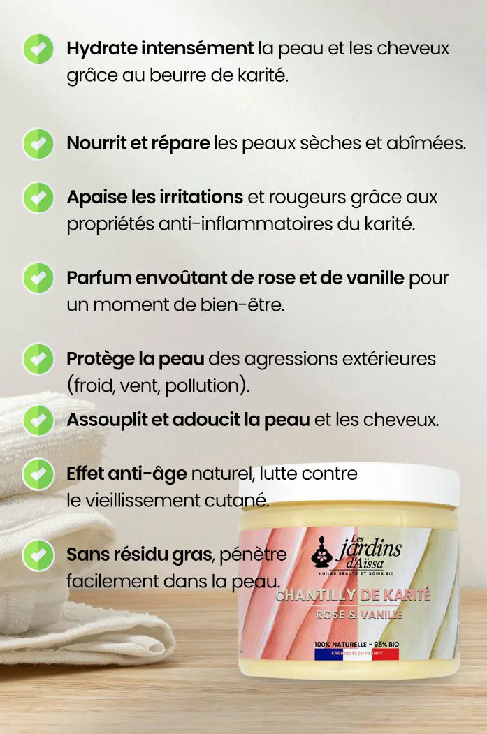 Chantilly de Karité Rose de Damas et de Vanille de Madagascar bio naturelle les jardins d'aissa bienfaits