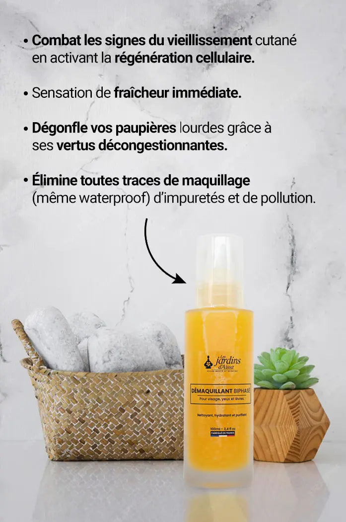 Soin démaquillant biphasé pour visage, yeux et lèvres 100% Bio - 100 ml - lesjardinsdaissa.com bienfaits