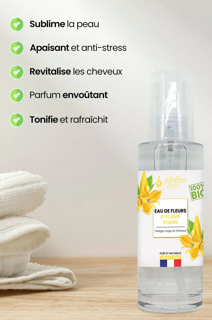 Eau hydrolat de fleur d'ylang ylang bio 100% pure et naturelle bienfaits