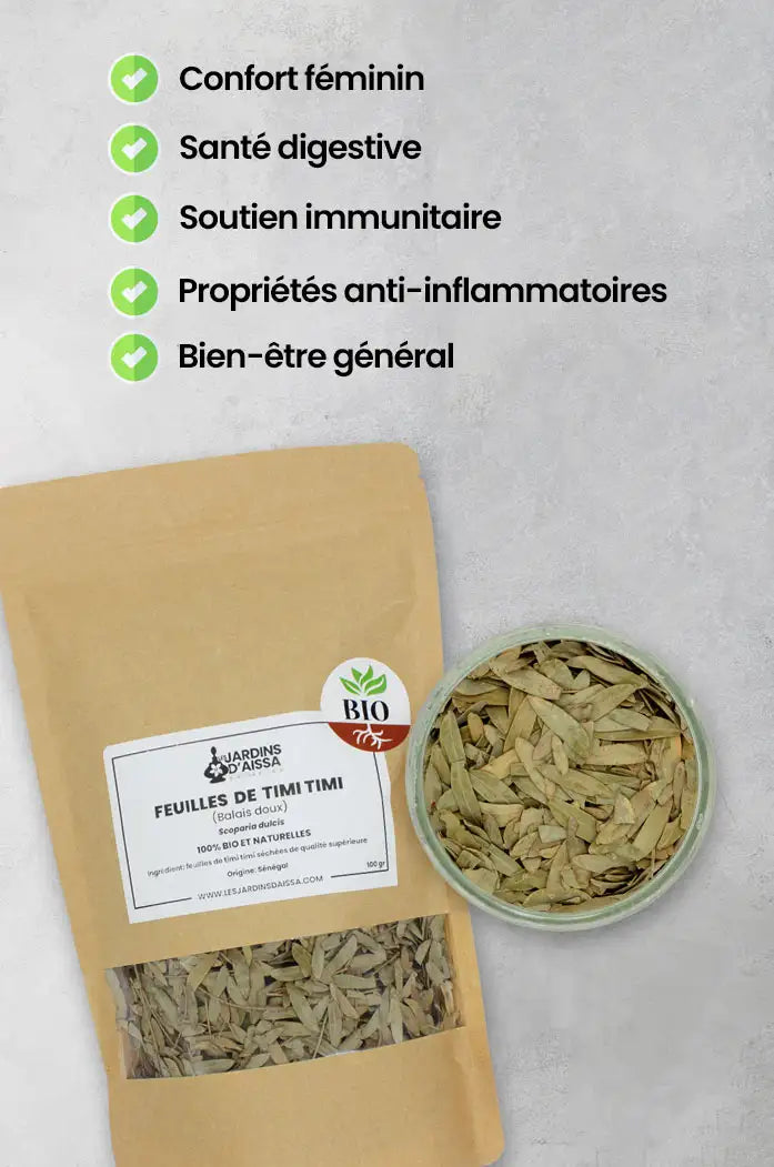 Feuilles séchées de Timi Timi Balais doux Bio – infusion naturelle pour la digestion et le bien-être féminin bienfaits