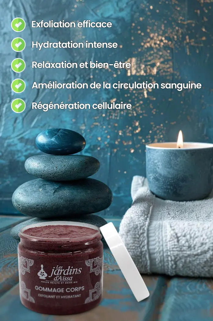 Gommage exfoliant relaxant hydratant bio naturel www.lesjardinsdaissa.com bienfaits