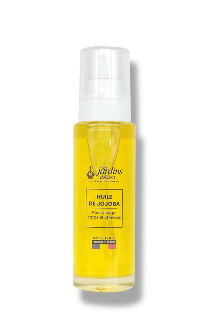 Huile de Jojoba 100% Bio et naturelle extra vierge - 50 ml - lesjardinsdaissa.com flacon