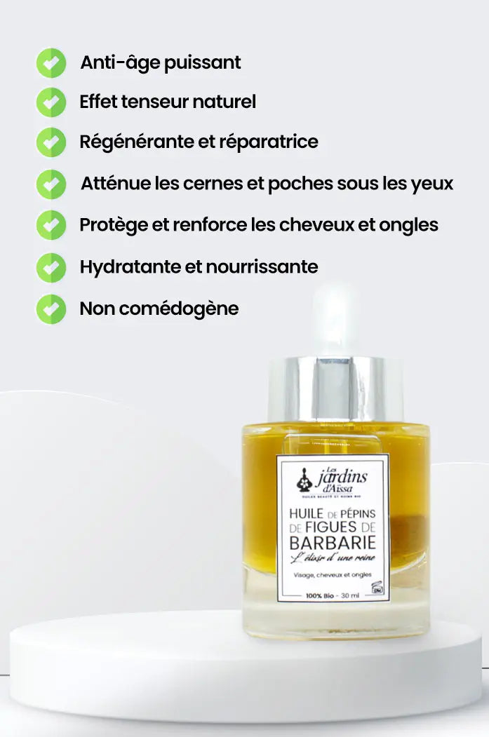 Huile de pépins de figue de Barbarie extra vierge 100% Bio - 30 ml - lesjardinsdaissa.com bienfaits