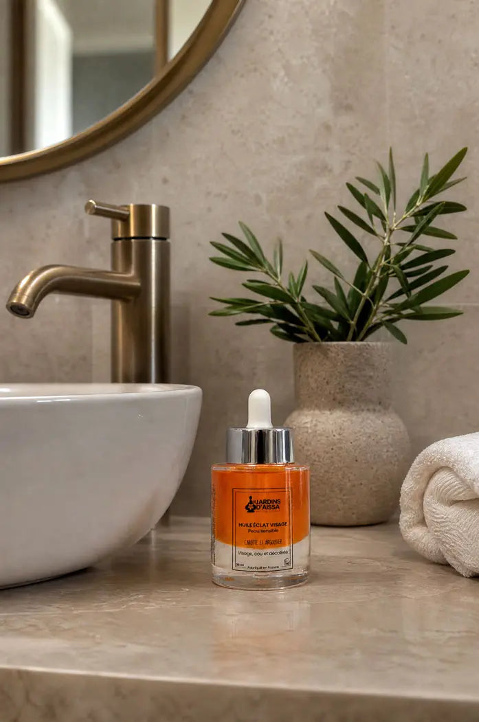 Huile éclat visage bio peau sensible : carotte et argousier flacon salle de bains