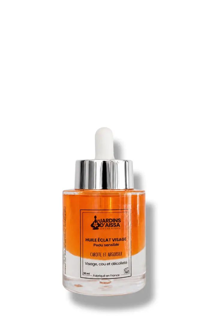 Huile éclat visage bio peau sensible : carotte et argousier flacon