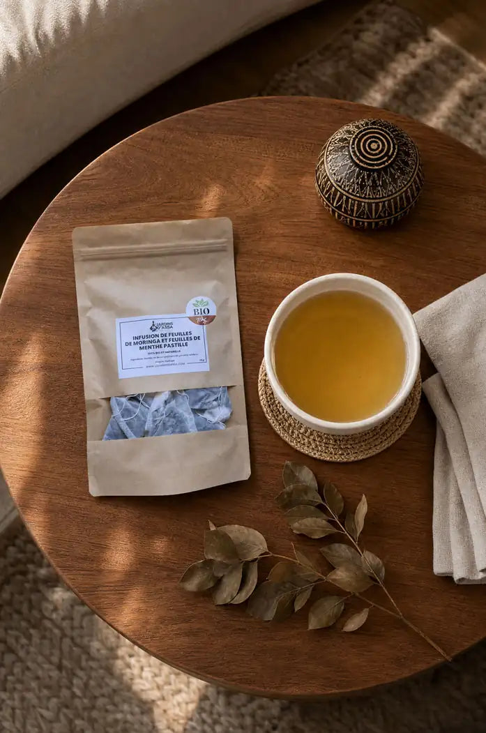 paquet Infusion bio moringa et menthe pastille en sachets table