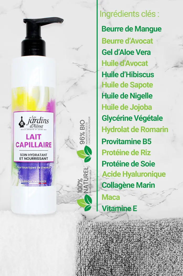 Lait capillaire bio, naturel, hydratant et nourrissant pour tous types de cheveux les jardins d'aissa nature