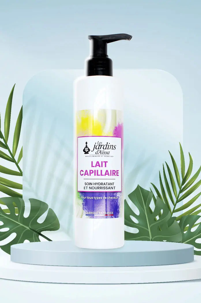 Lait capillaire bio, naturel, hydratant et nourrissant pour tous types de cheveux les jardins d'aissa visuel