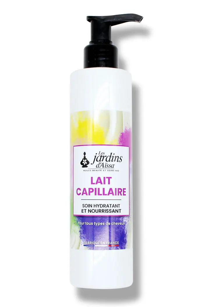 Lait capillaire bio, naturel, hydratant et nourrissant pour tous types de cheveux les jardins d'aissa bouteille