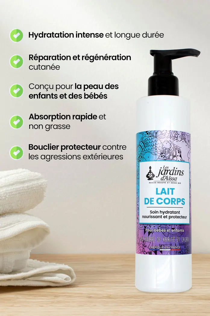 Lait de corps au beurre de Karité bébé et enfant Bio naturel pour cheveux visage et corps bienfaits