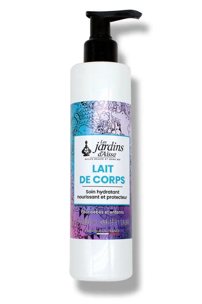 Lait de corps au beurre de Karité bébé et enfant Bio naturel pour cheveux visage et corps bouteille