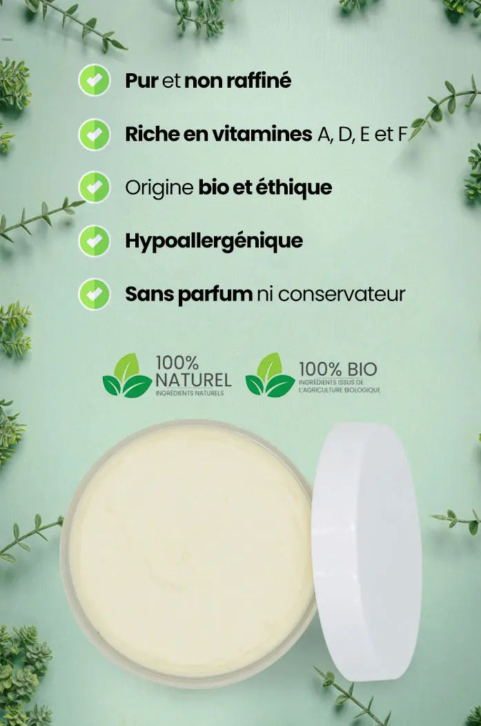Beurre de karité brut bio et naturel non raffiné et fouetté qualité supérieure les jardins aissa naturel