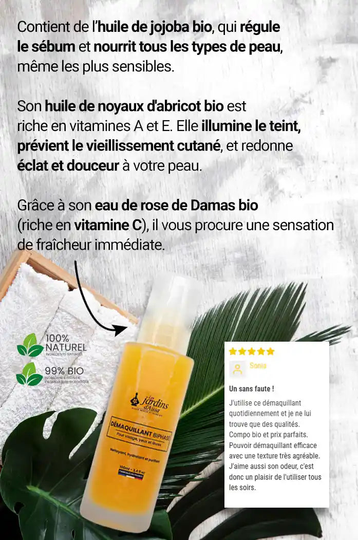 Soin démaquillant biphasé pour visage, yeux et lèvres 100% Bio - 100 ml - lesjardinsdaissa.com nature