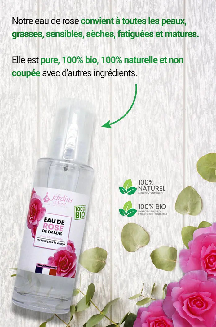 Eau de rose de Damas bio pour la peau tonifiante et hydratante 100% Bio naturelle nature