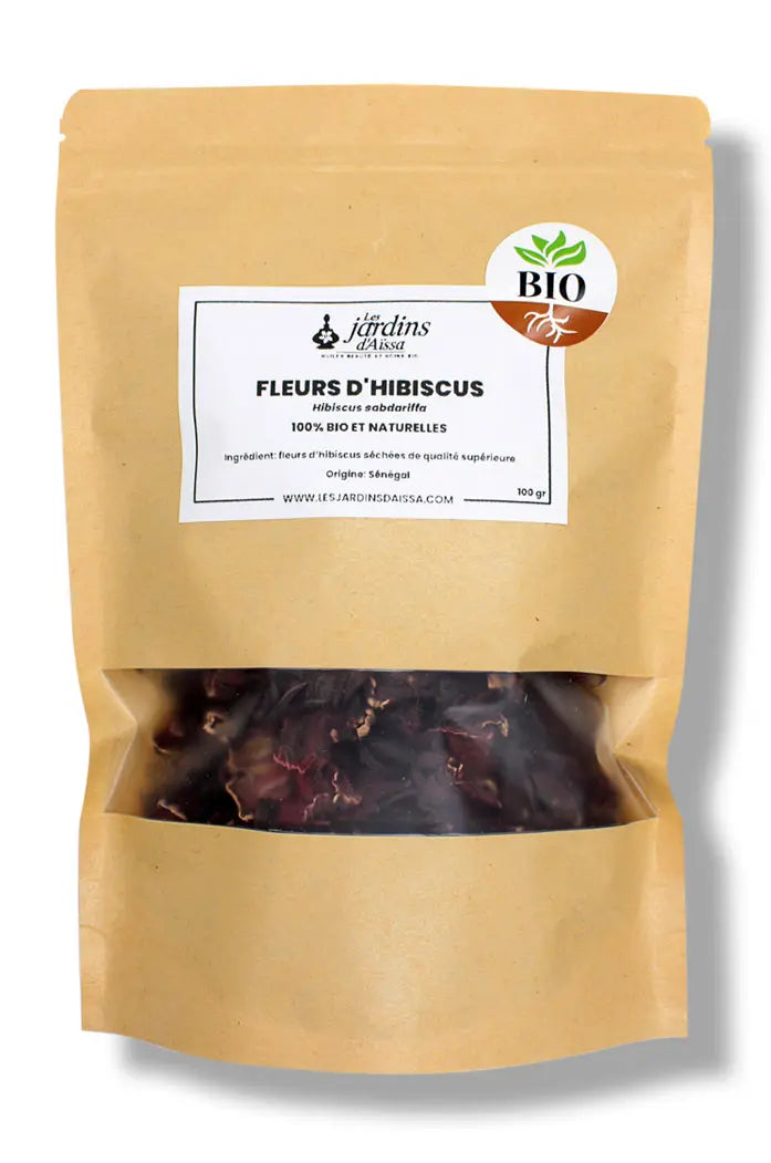 Fleurs d'Hibiscus séchées Bissap 100% bio et naturelle de qualité supérieure 100 gr sachet