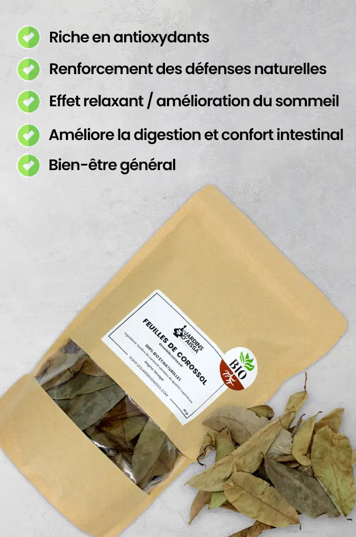 Feuilles de Corossol Séchées Bio : Bienfaits, Infusion et Qualité Supérieure paquet bienfaits