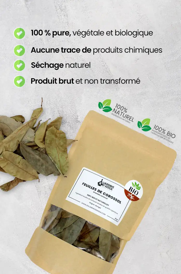 Feuilles de Corossol Séchées Bio : Bienfaits, Infusion et Qualité Supérieure paquet nature