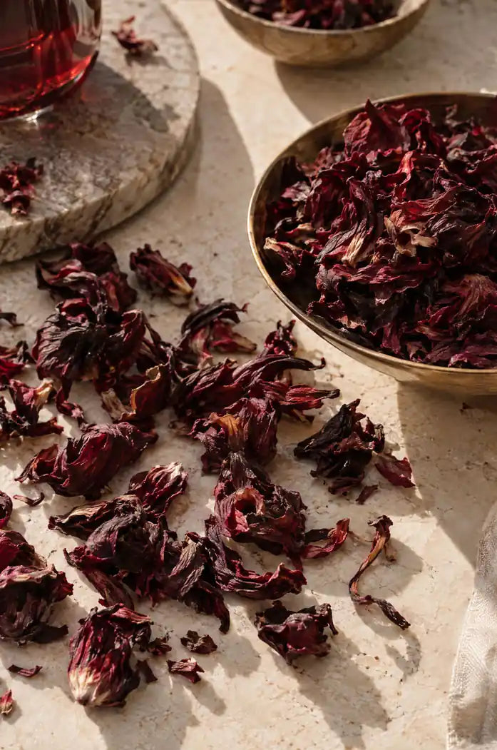 Fleurs d'Hibiscus séchées Bissap 100% bio et naturelle de qualité supérieure 100 gr table
