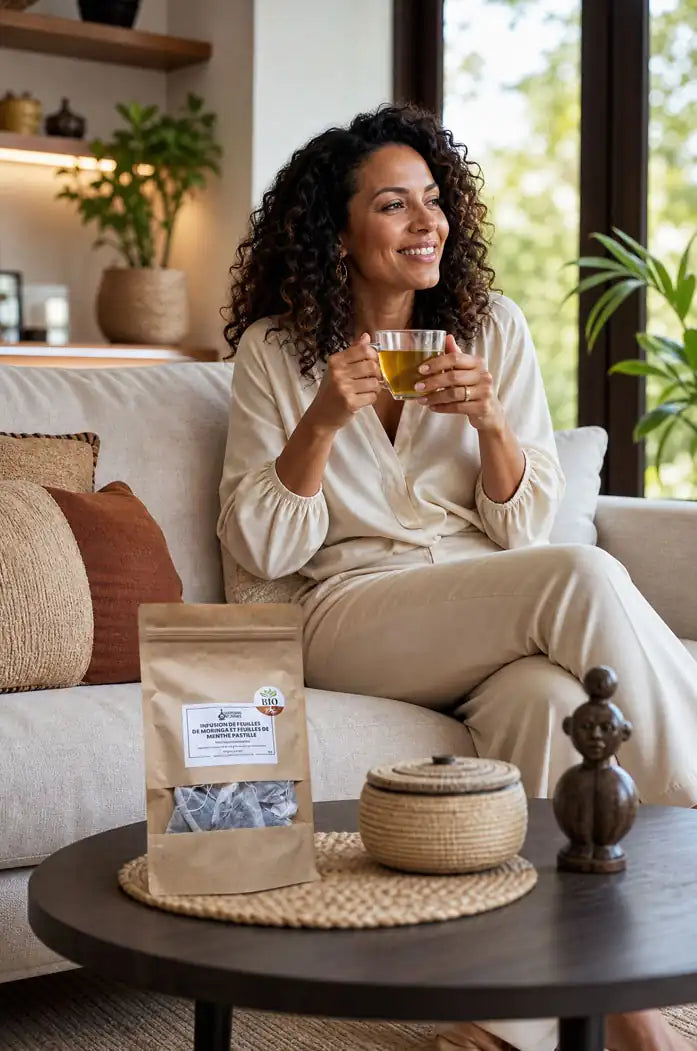 paquet Infusion bio moringa et menthe pastille en sachets salon