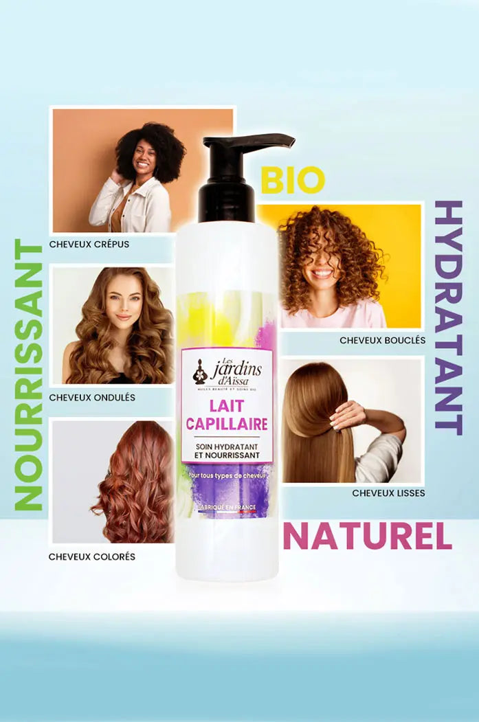 Lait capillaire bio, naturel, hydratant et nourrissant pour tous types de cheveux les jardins d'aissa cheveux