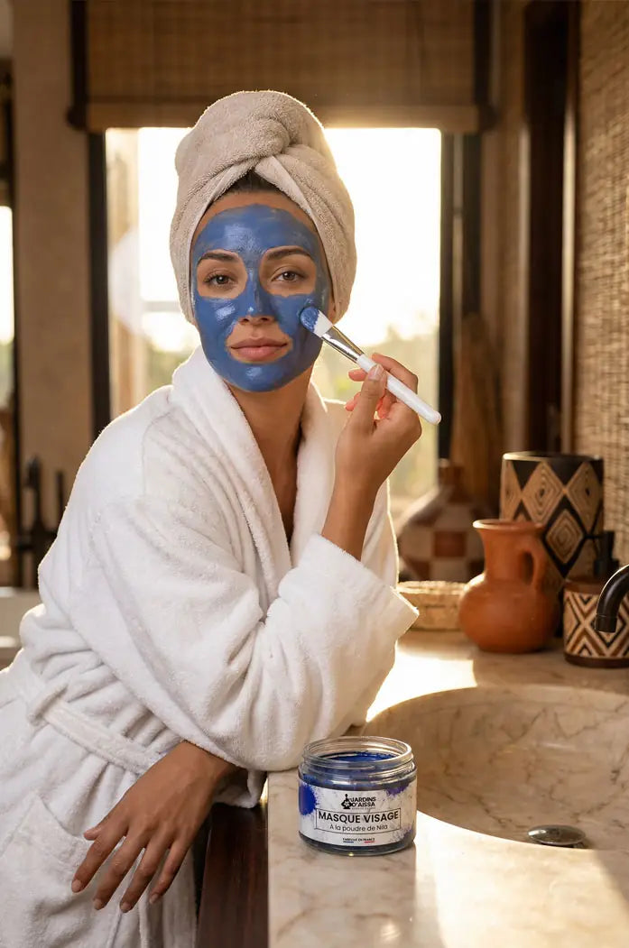 masque visage à la poudre de nila bio et naturelle les jardins d'aissa application