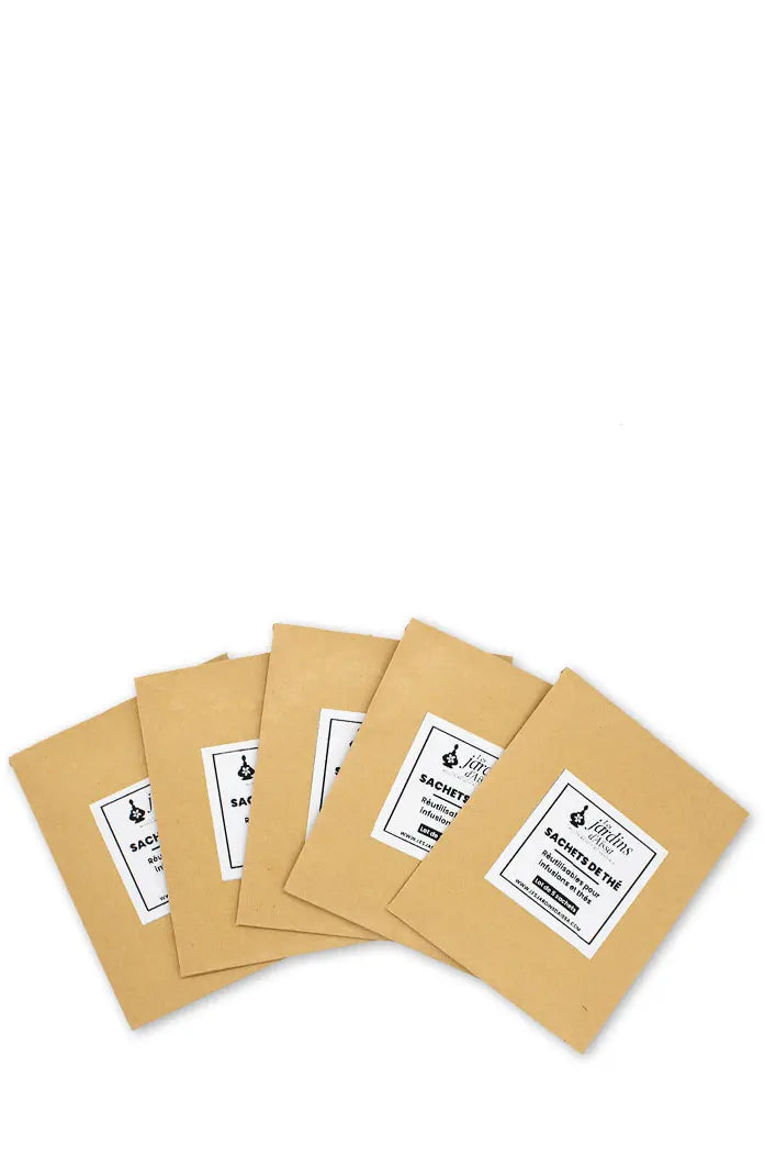 Sachets de thé réutilisables à cordelettes pour infusions 5 sachets emaballage