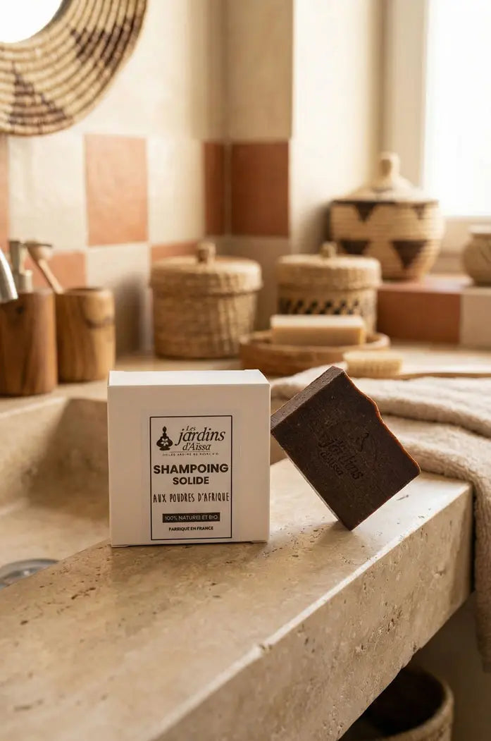 Shampoing solide bio aux poudres d’Afrique les jardins d'aissa sdb