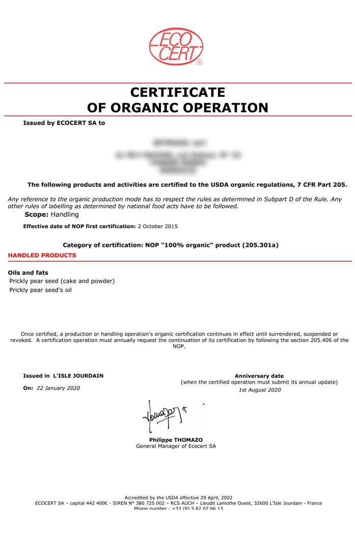 Organic extra virgin 100% organic prickly pear seed oil